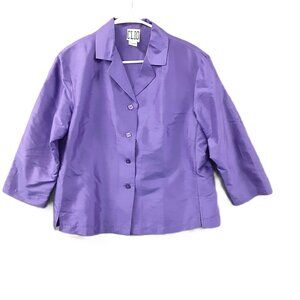 Vintage 80's CLIO Womans 100% Silk Top Size LARGE Purple Button Up 3/4 Sleeve
